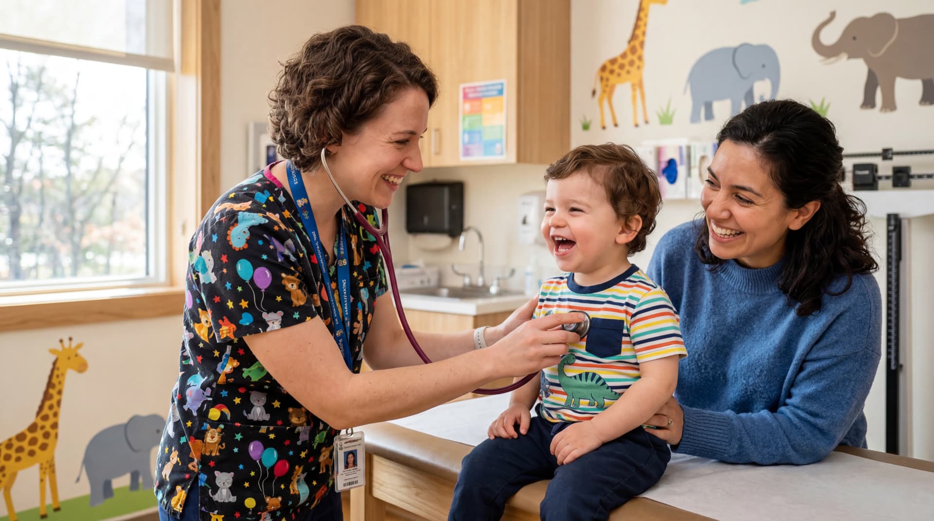 Caring pediatric nurse with child and mother during a checkup